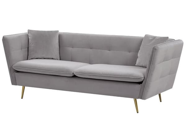 3-sits Soffa Grå Sammet Klädsel Knappar med Gulda Ben