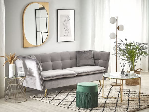 3-sits Soffa Grå Sammet Klädsel Knappar med Gulda Ben