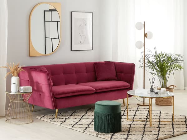 3-sits Soffa Vinröd Sammet Klädsel Knappar med Gulda Ben