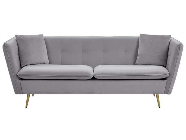 Sohva harmaa sametti verhoilu 3 hengelle napitettu kultaiset jalat ylellinen glamour tyyli