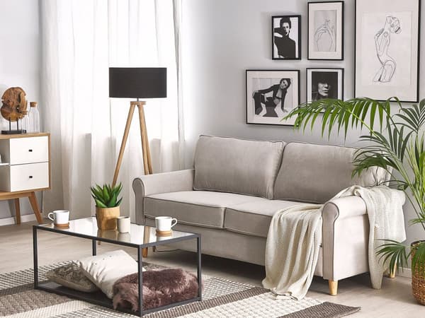 Sohva vaaleanbeige sametti verhoiltu puujalat kolmelle hengelle perinteinen retro tyyli