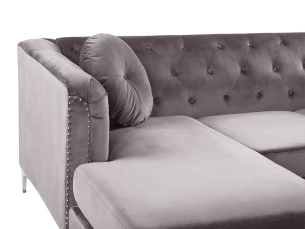 Kulmasohva harmaa sametti verhoilu oikea 3 hengelle napitus pyöreät koristetyynyt glamour tyyli
