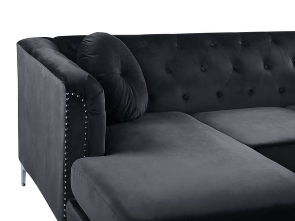 Kulmasohva musta sametti verhoilu oikea 3 hengelle napitus pyöreät koristetyynyt glamour tyyli