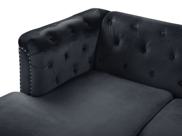 Kulmasohva musta sametti verhoilu oikea 3 hengelle napitus pyöreät koristetyynyt glamour tyyli
