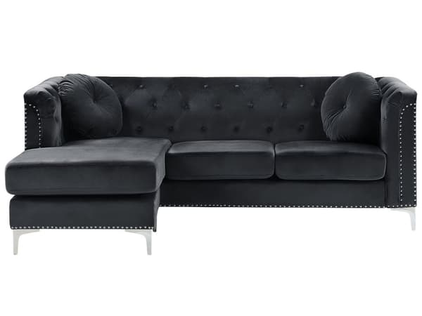 Kulmasohva musta sametti verhoilu oikea 3 hengelle napitus pyöreät koristetyynyt glamour tyyli