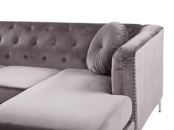 Kulmasohva harmaa sametti verhoilu vasen 3 hengelle napitus pyöreät koristetyynyt glamour tyyli