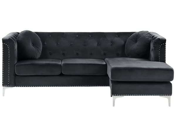 Kulmasohva musta sametti verhoilu vasen 3 hengelle napitus pyöreät koristetyynyt glamour tyyli