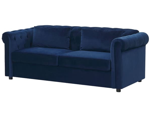 Chesterfield Sofa Blå Velour med Sorte Træben 3 Personers Bredt Tyk Polstret Knap Tuftet Venetiansk Sovesofa Barok Stue Udtræksseng Dekoration