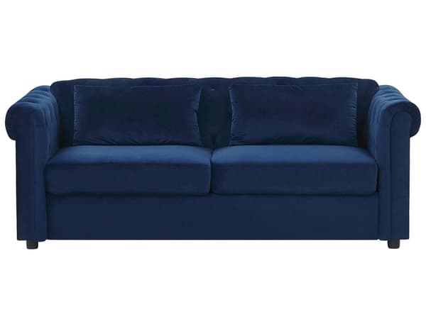 Chesterfield Sofa Blå Velour med Sorte Træben 3 Personers Bredt Tyk Polstret Knap Tuftet Venetiansk Sovesofa Barok Stue Udtræksseng Dekoration