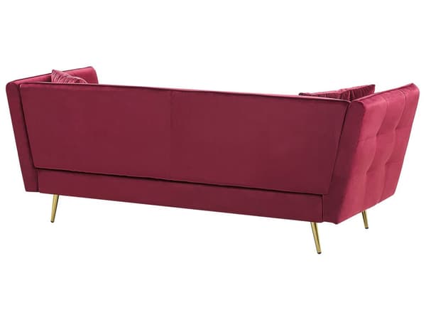Sofa Rød Velour Guld Metalben 3 Personers Klassisk Skrånende Ryg og Armlæn Polstret Quiltet Tuftet Dyb Veloursofa til Stue Moderne Indretning