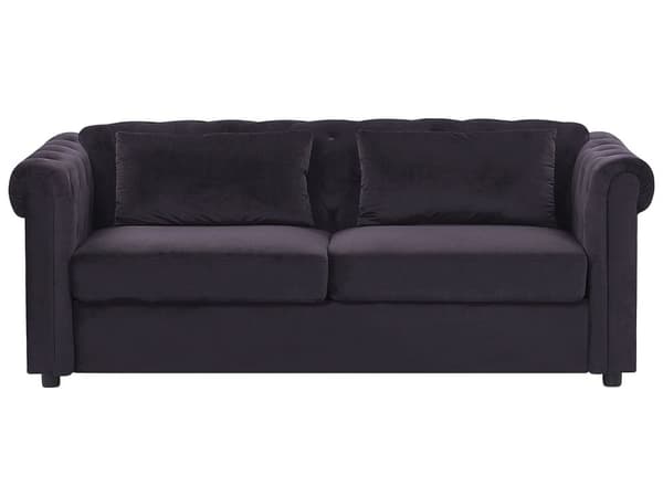 Chesterfield Sofa Sort Velour Sorte Træben 3 Personers Bredt Tyk Polstret Knap Tuftet Venetiansk Sovesofa Barok Stue Udtræksseng Dekoration