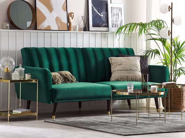 Smaragdgrøn velour sovesofa glamour sovefunktion stort værelse stue gæsteværelse seng sofa