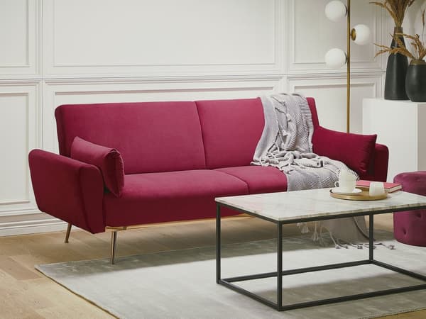 3 Personers Mørkerød Sovesofa til Stue Soveværelse med Sovefunktion Kobber Ben Retro Stil