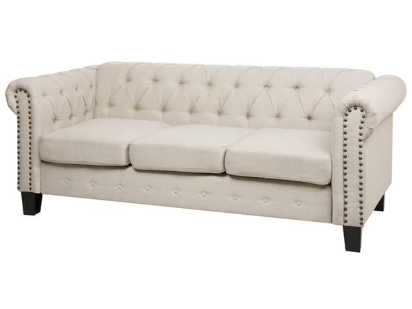 Chesterfield Sofa Beige Stof med Sorte Træben 3 Personers Bredt Tyk Polstret Knap Tuftet Venetiansk Barok stil Stue Moderne Dekoration