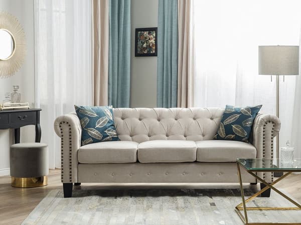 Chesterfield Sofa Beige Stof med Sorte Træben 3 Personers Bredt Tyk Polstret Knap Tuftet Venetiansk Barok stil Stue Moderne Dekoration