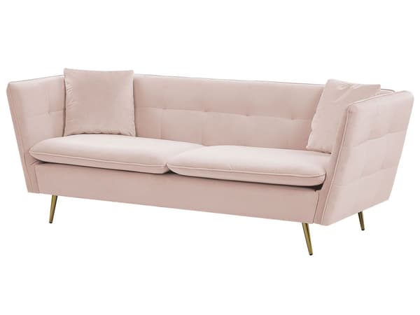 Sofa Lyserød Velour Guld Metalben 3 Personers Klassisk Skrånende Armlæn Polstret Quiltet Tuftet Dyb Veloursofa til Stue Moderne Koniske Ben
