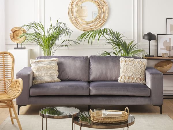 Soffa Mörkgrå Sammet Stoppad 3-sits Svarta Metall Ben Modern Vardagsrum