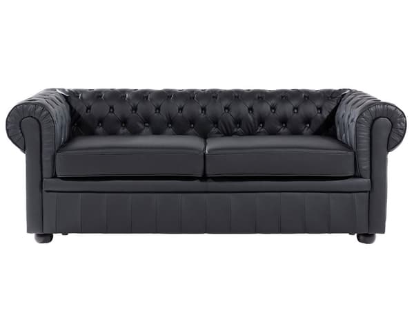 Chesterfield Soffgrupp Svart Läder Mörkt Trä Ben 3-sits Soffa + Fåtölj Modern