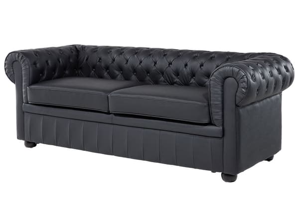 Chesterfield Soffgrupp Svart Läder Mörkt Trä Ben 3-sits Soffa + Fåtölj Modern