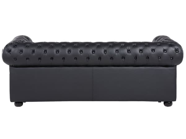 Chesterfield Soffgrupp Svart Läder Mörkt Trä Ben 3-sits Soffa + Fåtölj Modern
