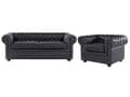 Miniatyrbild 1 av 11: Chesterfield Soffgrupp Svart Läder Mörkt Trä Ben 3-sits Soffa + Fåtölj Modern
