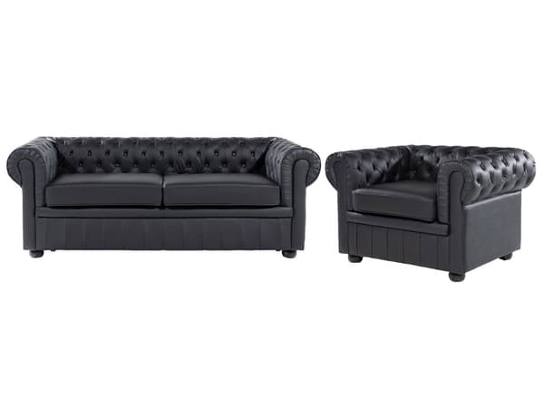 Chesterfield Soffgrupp Svart Läder Mörkt Trä Ben 3-sits Soffa + Fåtölj Modern