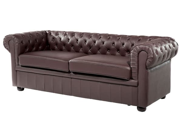 Chesterfield Soffgrupp Brun Läder Mörkt Trä Ben 3-sits Soffa + Fåtölj Modern