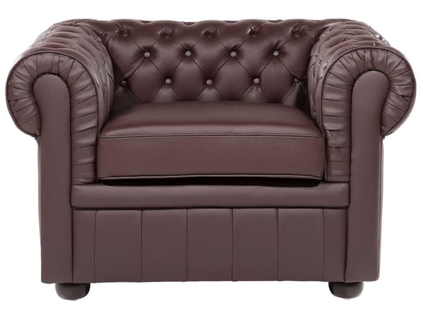 Chesterfield Soffgrupp Brun Läder Mörkt Trä Ben 3-sits Soffa + Fåtölj Modern