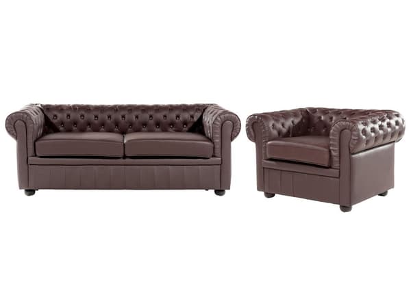 Chesterfield Soffgrupp Brun Läder Mörkt Trä Ben 3-sits Soffa + Fåtölj Modern