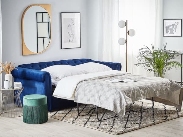 Chesterfield Bäddsoffa Koboltblå Sammetstyg 3-sits Utdragbar med Madrass Modern