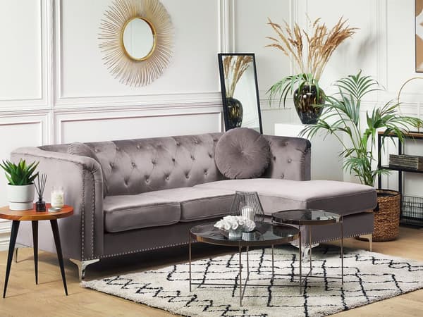 Hörnsoffa Grå Sammet Stoppad 3-sits Vänstervänd L-formad Glam Extra Kuddar med Tuftning