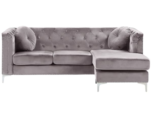 Hörnsoffa Grå Sammet Stoppad 3-sits Vänstervänd L-formad Glam Extra Kuddar med Tuftning