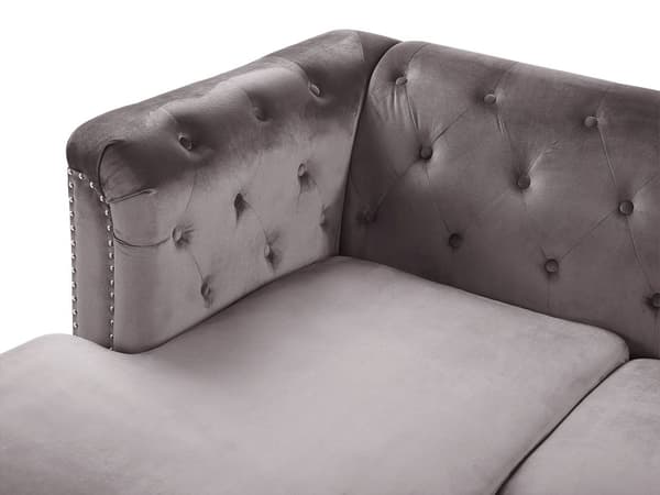 Hörnsoffa Grå Sammet Stoppad 3-sits Högervänd L-formad Glam Extra Kuddar med Tuftning