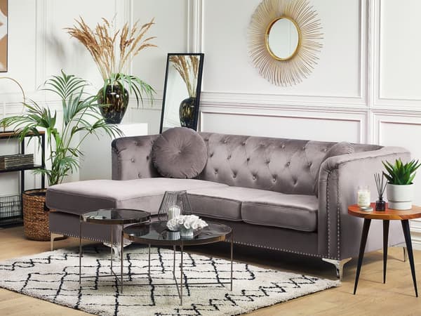 Hörnsoffa Grå Sammet Stoppad 3-sits Högervänd L-formad Glam Extra Kuddar med Tuftning