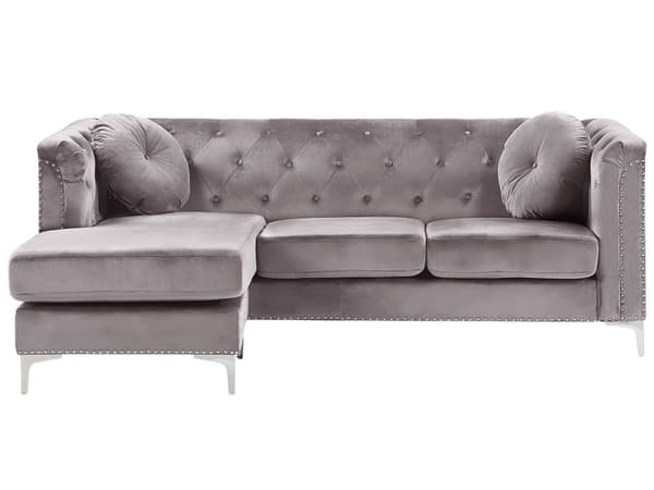 Hörnsoffa Grå Sammet Stoppad 3-sits Högervänd L-formad Glam Extra Kuddar med Tuftning