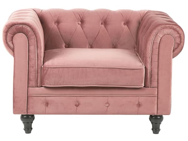 Chesterfield Vardagsrum Soffgrupp Rosa Sammet Klädsel Svarta Ben 3-sits Soffa + Fåtölj