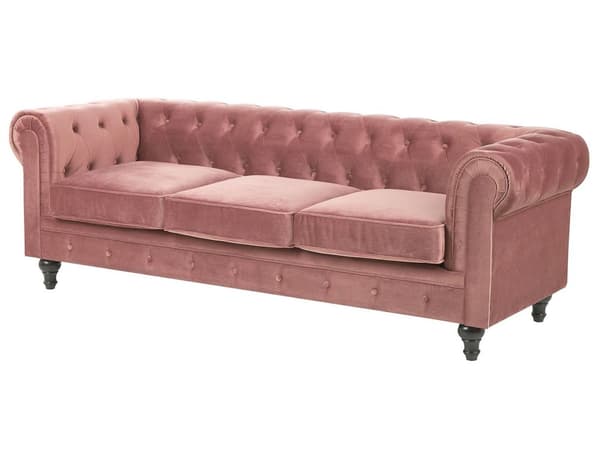 Chesterfield Sofa Lyserød Velour med Skum og Sorte Træben 3 Personers Bredt Tyk Polstret Knap Tuftet Venetiansk Barok stil Stue Indretning
