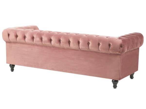 Chesterfield Sofa Lyserød Velour med Skum og Sorte Træben 3 Personers Bredt Tyk Polstret Knap Tuftet Venetiansk Barok stil Stue Indretning