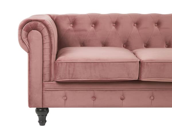 Chesterfield Sofa Lyserød Velour med Skum og Sorte Træben 3 Personers Bredt Tyk Polstret Knap Tuftet Venetiansk Barok stil Stue Indretning