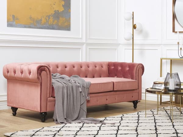 Chesterfield Sofa Lyserød Velour med Skum og Sorte Træben 3 Personers Bredt Tyk Polstret Knap Tuftet Venetiansk Barok stil Stue Indretning