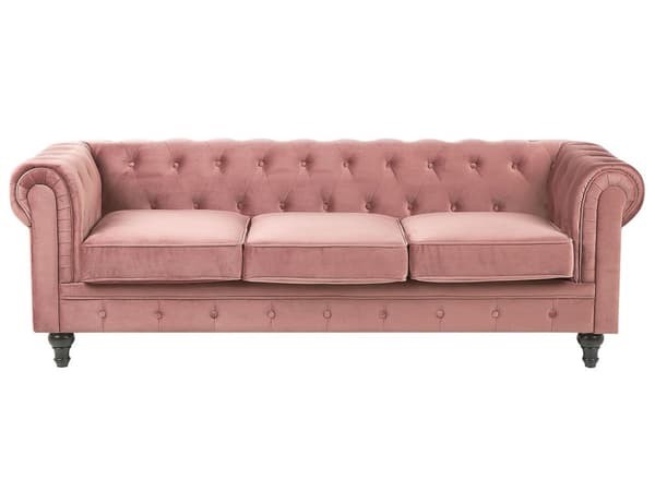 Chesterfield Sofa Lyserød Velour med Skum og Sorte Træben 3 Personers Bredt Tyk Polstret Knap Tuftet Venetiansk Barok stil Stue Indretning