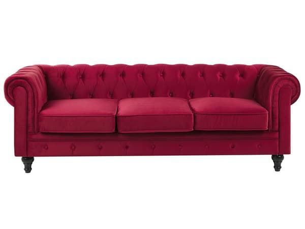 Chesterfield Sofa Mørkerød Velour med Skum og Sorte Træben 3 Personers Bredt Tyk Polstret Knap Tuftet Venetiansk Barok stil Stue Indretning