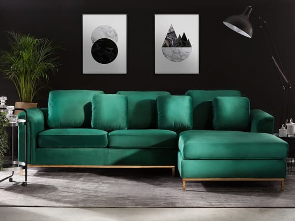 Venstrevendt Smaragdgrøn Velour Hjørnesofa med Hynder til Stuen