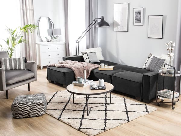 Sofa Mørkegrå Polyester Stof 3 Personers Hjørnesofa med Chaiselong og Sovefunktion Moderne Blød Designsofa Open End Højrevendt Sovesofa