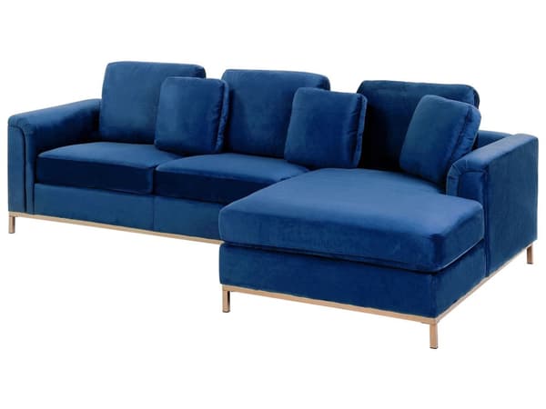 Venstrevendt Blå Velour Hjørnesofa med Hynder til Stuen