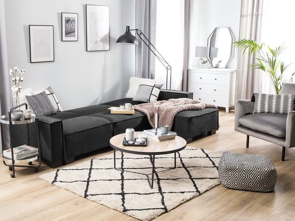 Sofa Mørkegrå Polyester Stof 3 Personers Hjørnesofa med Chaiselong og Sovefunktion Moderne Blød Designsofa Open End Venstrevendt Sovesofa