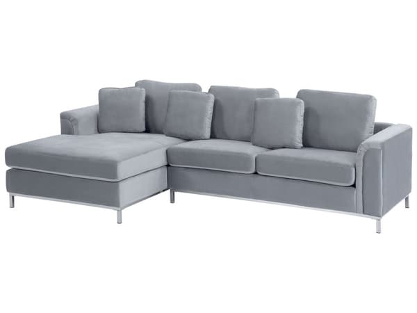 Højrevendt Grå Velour Hjørnesofa med Hynder til Stuen