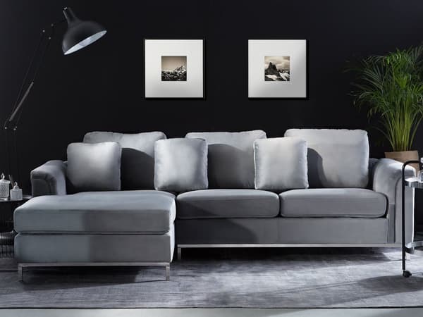 Højrevendt Grå Velour Hjørnesofa med Hynder til Stuen