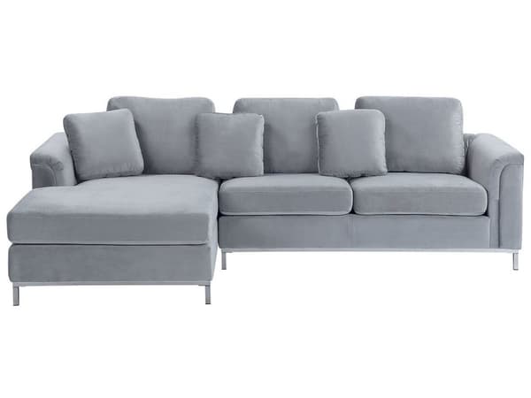 Højrevendt Grå Velour Hjørnesofa med Hynder til Stuen