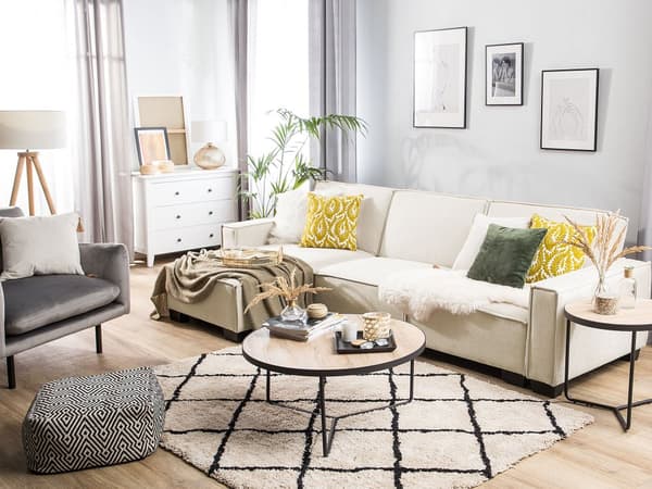 Sofa Beige Polyester Stof 3 Personers Hjørnesofa med Chaiselong og Sovefunktion Moderne Blød Designsofa Open End Højrevendt Sovesofa